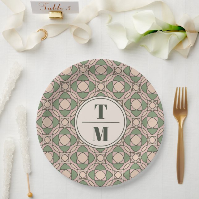 Salbeigrüne Art Deco Hochzeitspapierteller Pappteller (Hochzeit)