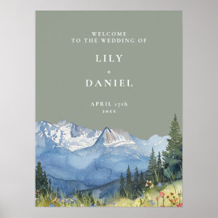 Salbeigrüne Bergblumen-Hochzeits-Willkommensschild Poster