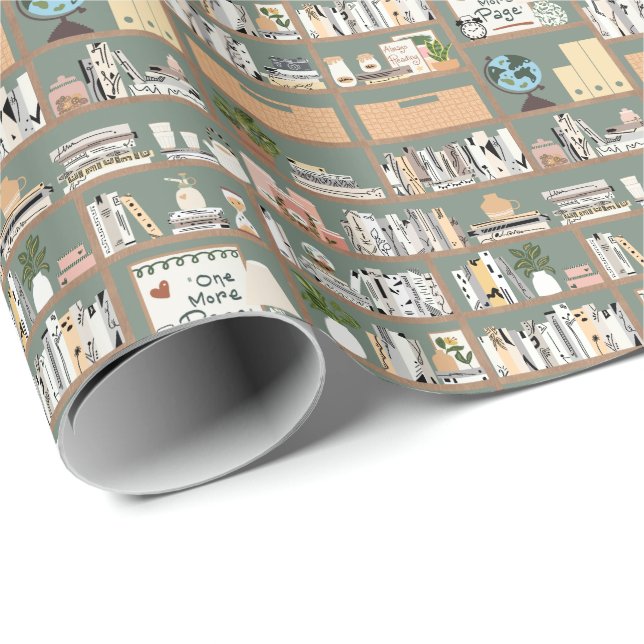 Salbeigrüne Bibliotheksregal-Muster Geschenkpapier (Rolleneckpunkt)