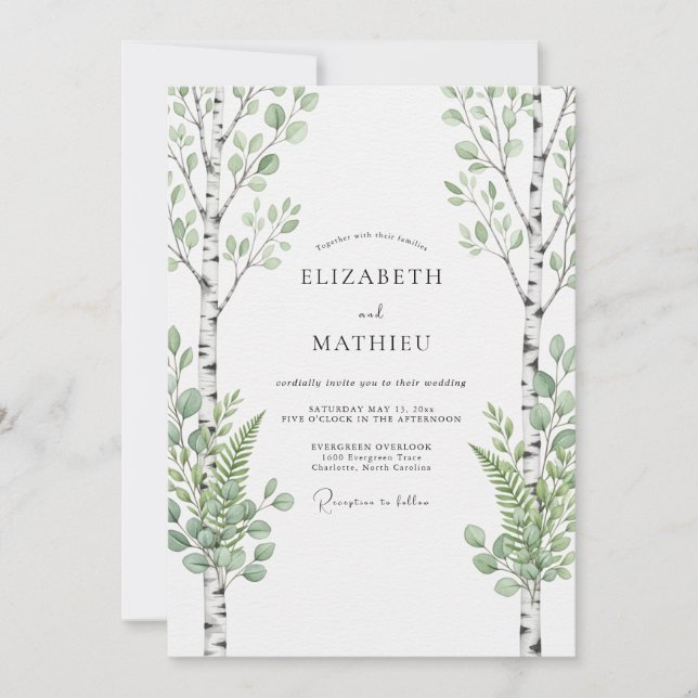 Salbeigrüne Birkenwald-Hochzeit Einladung (Vorderseite)