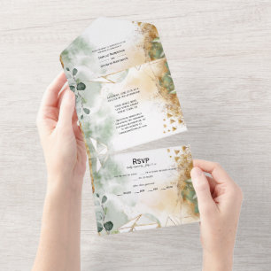 Salbeigrüne Blätter und Goldstaub-Hochzeit All In One Einladung