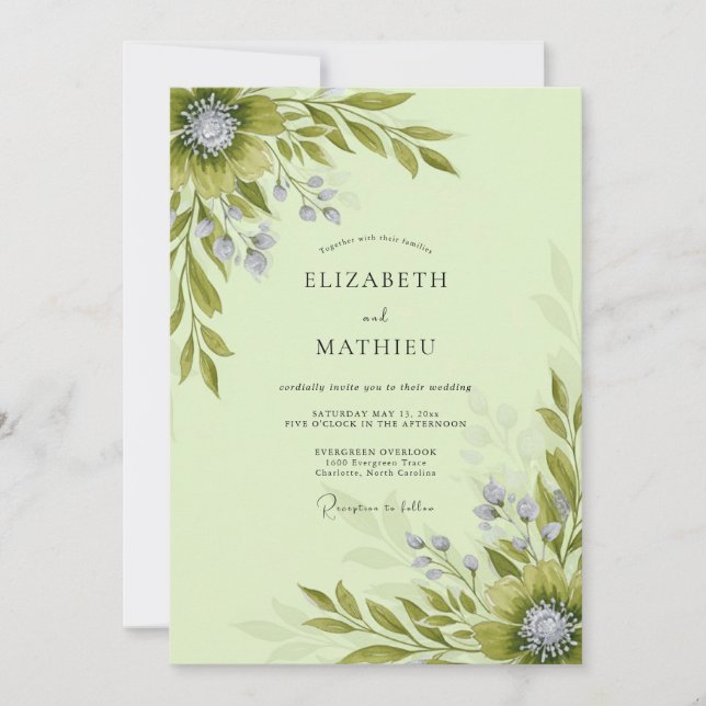 Salbeigrüne blühende botanische Hochzeit Einladung (Vorderseite)