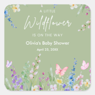 Salbeigrüne Blumen - A Little Wildflower Babyparty Quadratischer Aufkleber