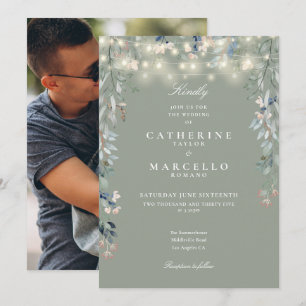 Salbeigrüne Blumen-Lichterkette Foto-Hochzeit Einladung