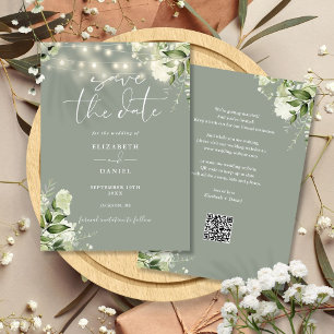 Salbeigrüne Blumen-Lichterkette QR-Code Hochzeit Save The Date