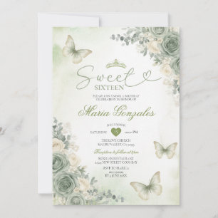 Salbeigrüne Blumen Schmetterling Mädchen Sweet Six Einladung