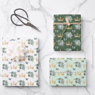 Salbeigrüne Blumen und goldene Kronen Geschenkpapier Set