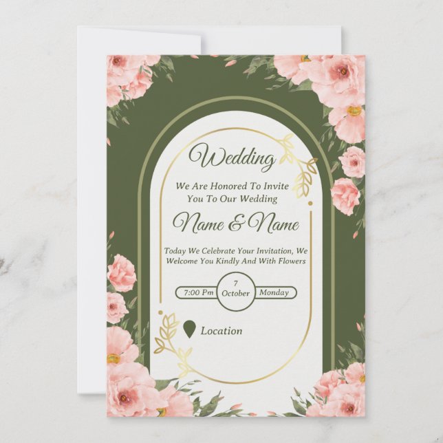 Salbeigrüne Blumenbogen-Hochzeitseinladung Einladung (Vorderseite)