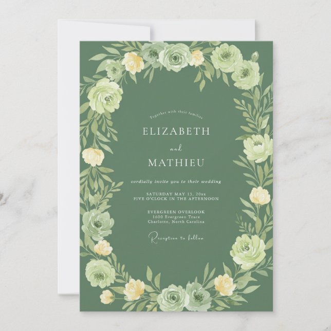 Salbeigrüne Blumenbogenhochzeit Einladung (Vorderseite)