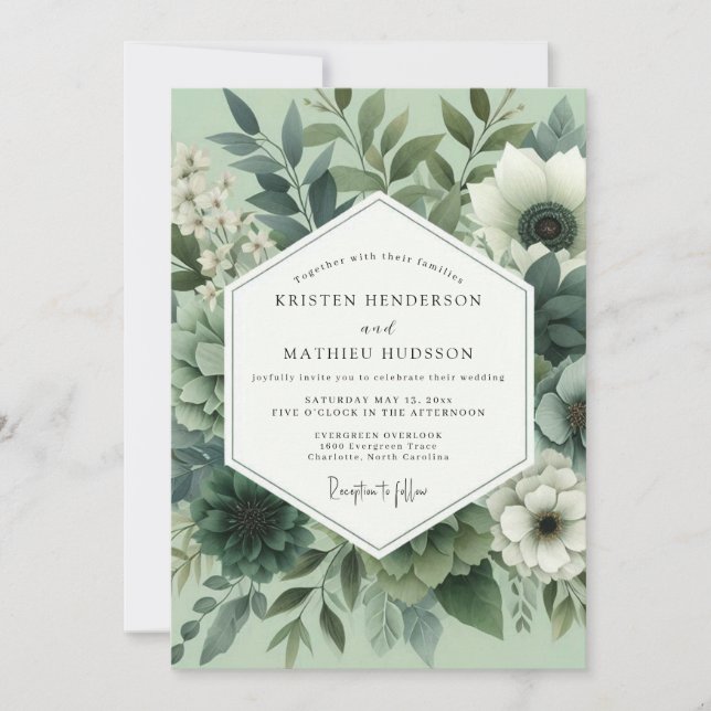 Salbeigrüne Blumige Hochzeit Einladung (Vorderseite)