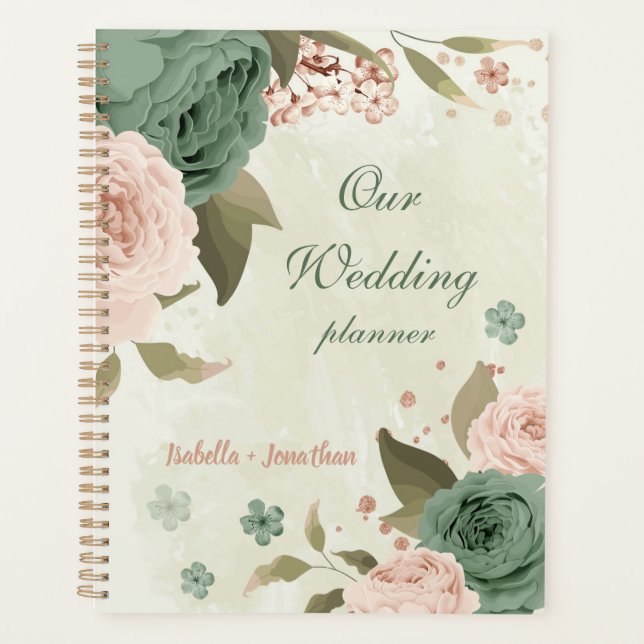 Salbeigrüne Blush-Blumen Hochzeit Planer (Vorderseite)