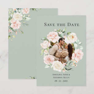 Salbeigrüne Blush-Wasserfarben-Foto-Floral-Hochzei Save The Date