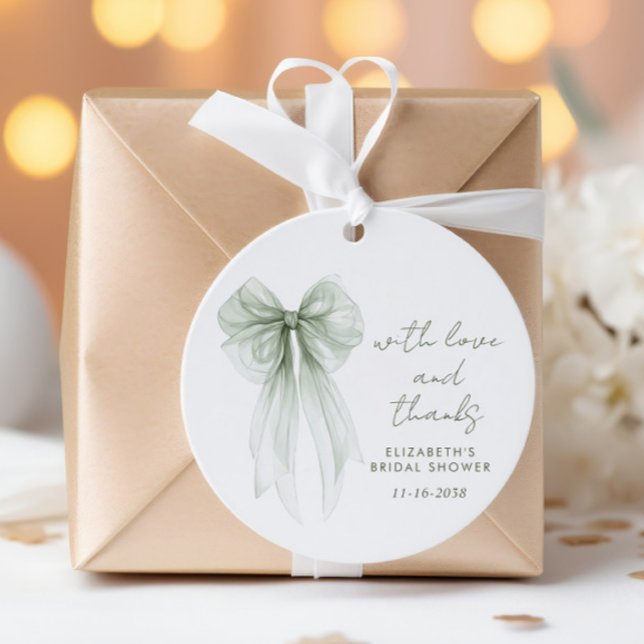 Salbeigrüne Bogen-Wasserfarbe-Brautabschied-Danke Geschenkanhänger (Sage Green Bow Watercolor Bridal Shower Thank You Favor Tags)