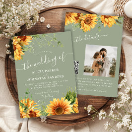 Salbeigrüne Boho-Blumen-Sonnenblumen-Hochzeit Einladung