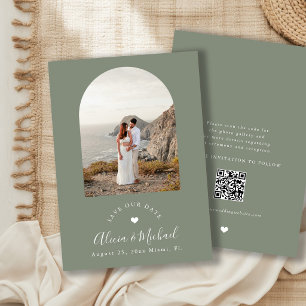 Salbeigrüne Boho-Bogen moderne QR-Code-Foto-Hochze Save The Date