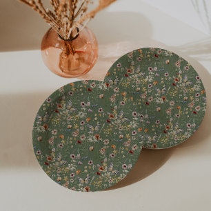 Salbeigrüne Boho-Wildblumen Pappteller