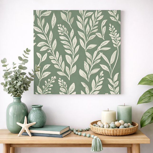 Salbeigrüne botanische Blattmuster-Wandkunst Poster (Sage green and cream leaves art print)