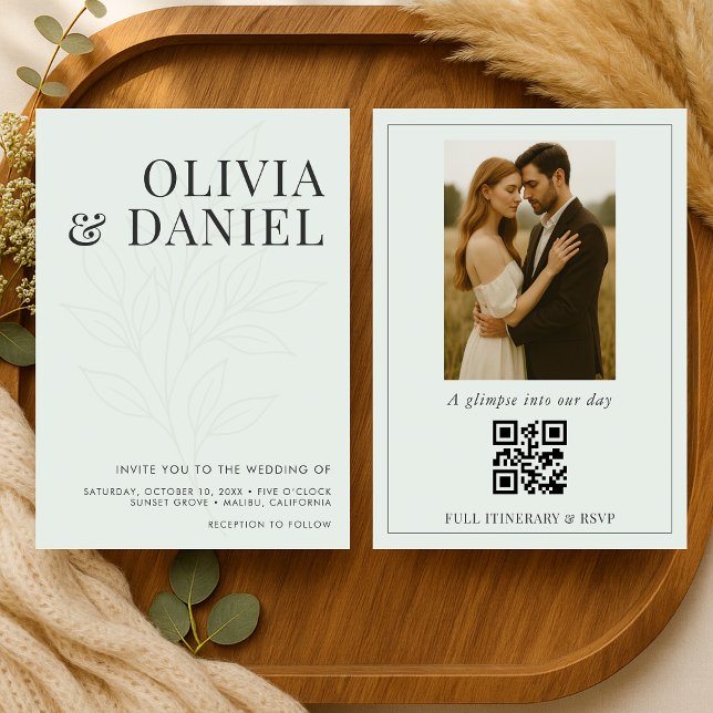 Salbeigrüne Botanische Boho-Foto-QR-Code-Hochzeit Einladung (Von Creator hochgeladen)