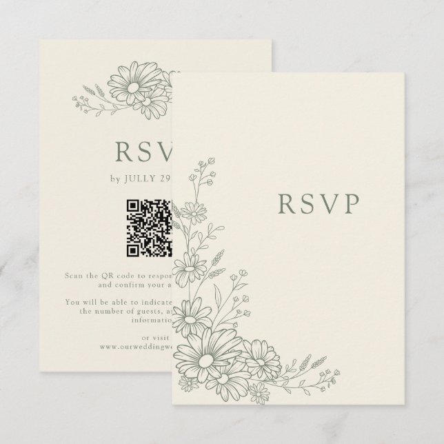 Salbeigrüne Botanische Daisy QR-Code-Hochzeit RSVP Karte (Vorne/Hinten)