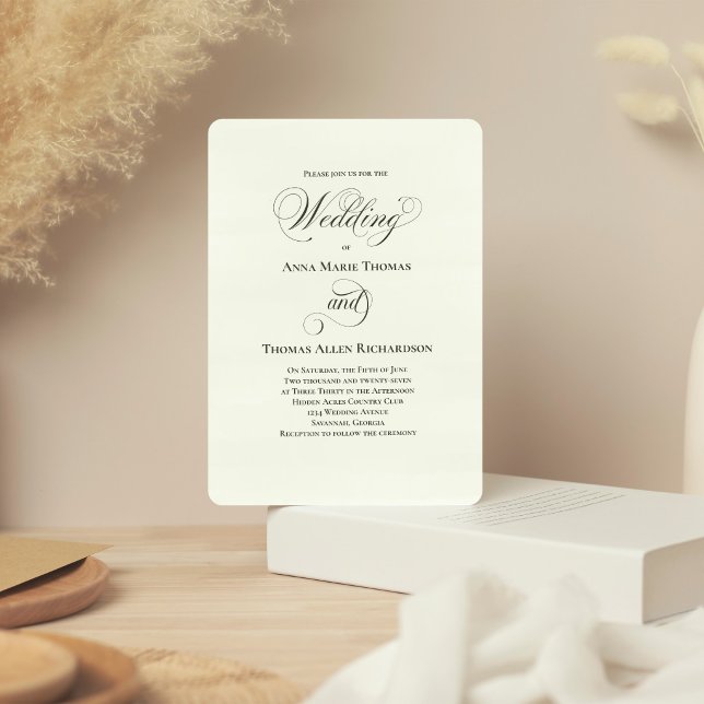 Salbeigrüne botanische elegante Schrift Hochzeits- Einladung (Elegant sage green script invitation with timeless minimalist layout.)