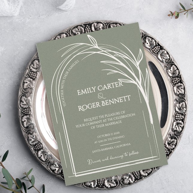 Salbeigrüne Botanische Hochzeitseinladung mit Boge (Sage Green Minimalist Arch Botanical Wedding Invitation Flat Card | Modern Elegant Wedding Invite)