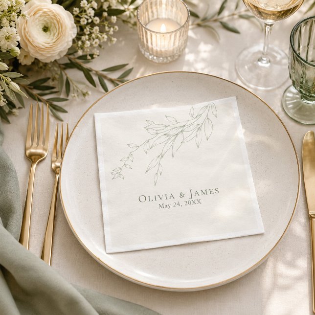 Salbeigrüne Botanische Hochzeitsserviette Serviette (Sage Green Botanical Wedding Napkin on an elegant  wedding dinner table)