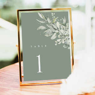 Salbeigrüne botanische Hochzeitstisch-Nummernkarte Tischnummer