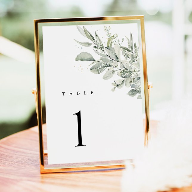 Salbeigrüne botanische Hochzeitstischnummern Tischnummer (Sage green botanical wedding table number card, eucalyptus greenery, gold frame table display)