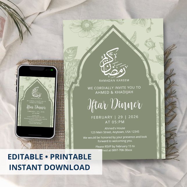 Salbeigrüne botanische Ramadan-Iftar-Einladung Einladung (Von Creator hochgeladen)