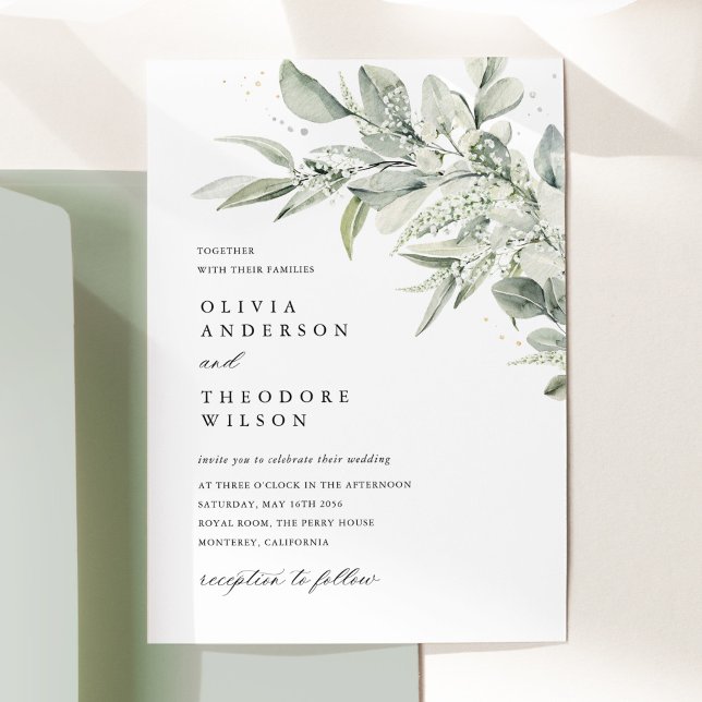 Salbeigrüne botanische Wasserfarben-Eleganz Hochze Einladung (Sage green botanical wedding invitation, watercolor greenery, elegant minimalist wedding stationery)
