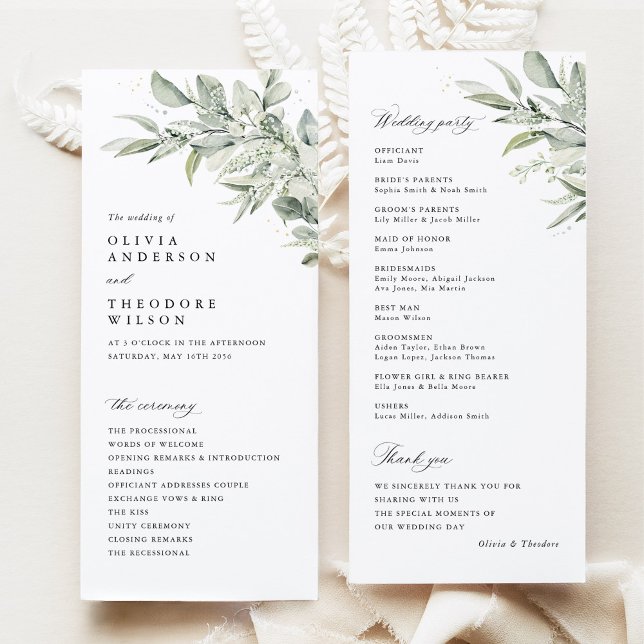 Salbeigrüne botanische Wasserfarben-Hochzeitszerem Programm (Sage green botanical watercolor wedding program ceremony card, modern classic greenery stationery)