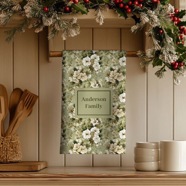 Salbeigrüne Chic-Deko personalisiertes Blumengesch Geschirrtuch (Sage Green Chic Decor Personalized Floral Towel )