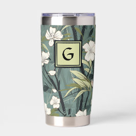 Salbeigrüne Chinoiserie Blumen Weiße Initiale Thermobecher