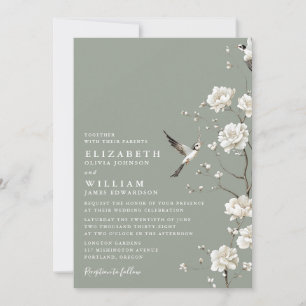 Salbeigrüne Chinoiserie Blumengarten Hochzeit Einladung