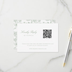 Salbeigrüne Chinoiserie-Hochzeits-QR-Code RSVP Karte