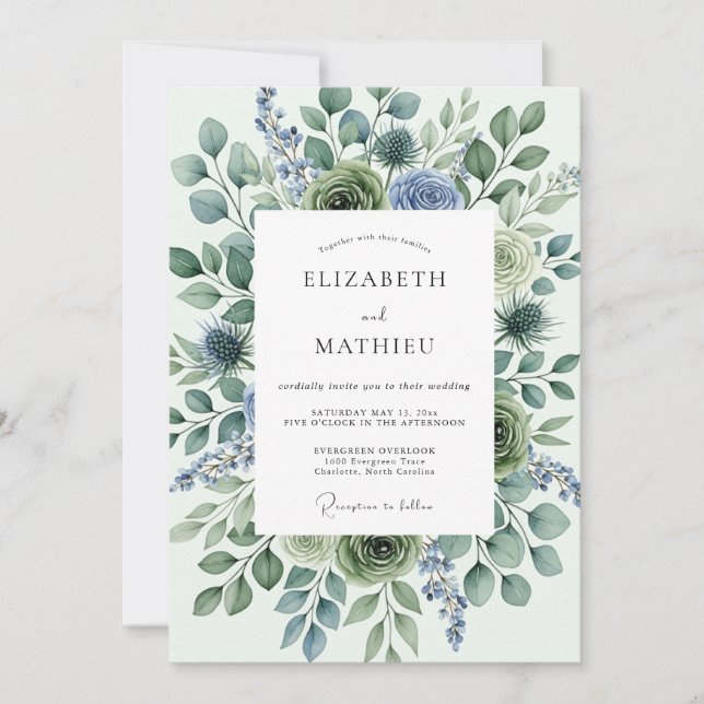 Salbeigrüne Distel-Winterhochzeit Einladung (Vorderseite)