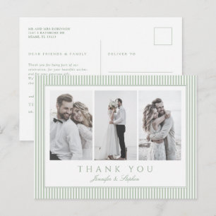 Salbeigrüne Dreifoto-Hochzeits-Dankeskarten-Postka Postkarte