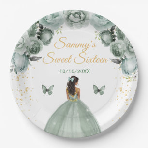 Salbeigrüne dunkle Haut Prinzessin Sweet Sixteen Pappteller