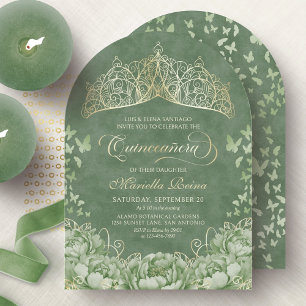 Salbeigrüne elegante Blumenkrone Quinceanera Einladung