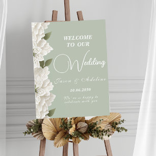 Salbeigrüne elegante geprägte Blumenhochzeitstafel Poster