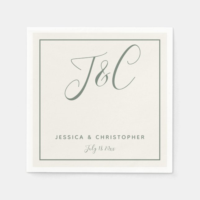 Salbeigrüne elegante minimalistische Monogramm-Ini Serviette (Vorderseite)