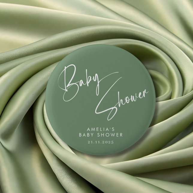 Salbeigrüne elegante Skript-Baby-Party modern Button (Von Creator hochgeladen)