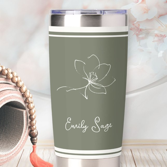 Salbeigrüne Elfenbein-Blumen-Linienkunst gestreift Thermobecher (Minimalist Floral Line Art Zen Sage Green Ivory Insulated Tumbler ©Sunny Wanderlust 🌞✈️)
