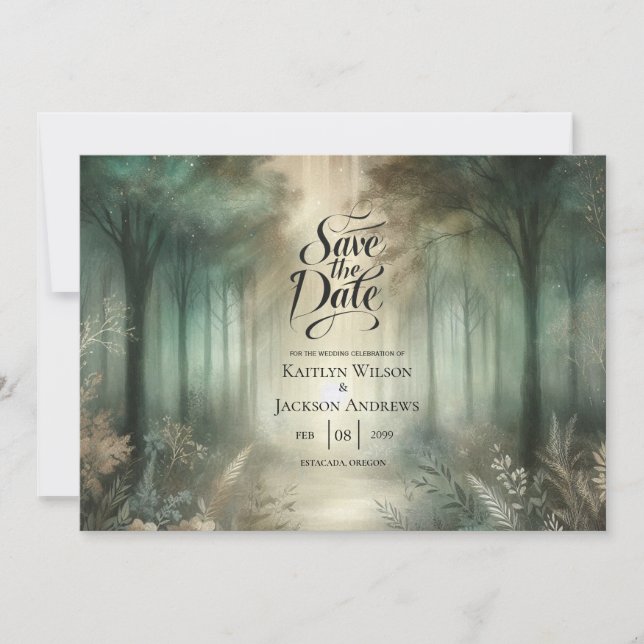 Salbeigrüne Enchanted Forest Radiance Hochzeit Save The Date (Vorderseite)