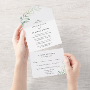 Salbeigrüne Eukalyptus-Grünpflanzen Elegante Hochz All In One Einladung