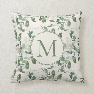 Salbeigrüne Eukalyptusblätter Cream Monogramm Kissen