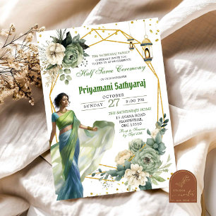 Salbeigrüne Floral Half Saree Indien Zeremonie Einladung