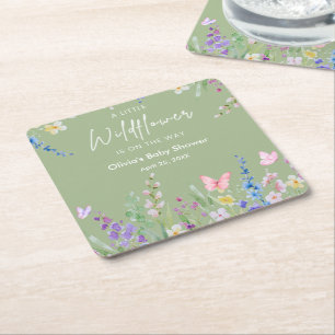 Salbeigrüne Florale A Little Wildflower-Baby-Party Rechteckiger Pappuntersetzer