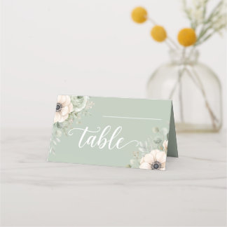 Salbeigrüne Florale Anemone Gefaltete Hochzeitspla Platzkarte