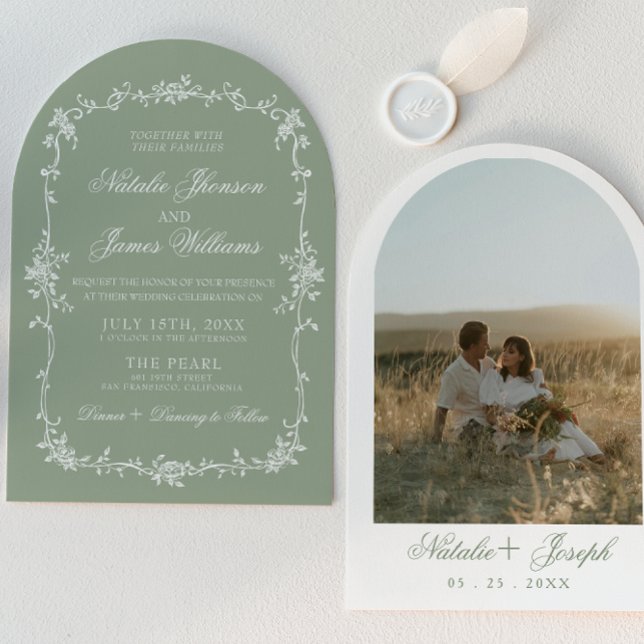 Salbeigrüne florale Boho-Botanical-Bogenhochzeit Einladung (Von Creator hochgeladen)